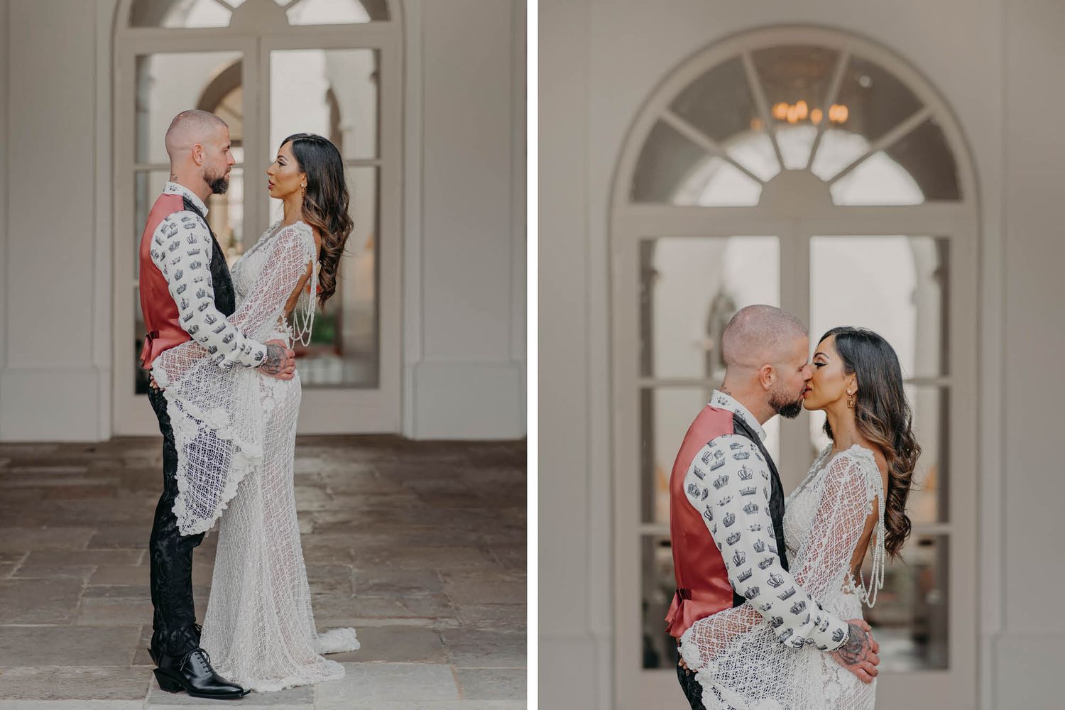 Intimate wedding portraits captured in a bright interior space with arched windows and architectural details.