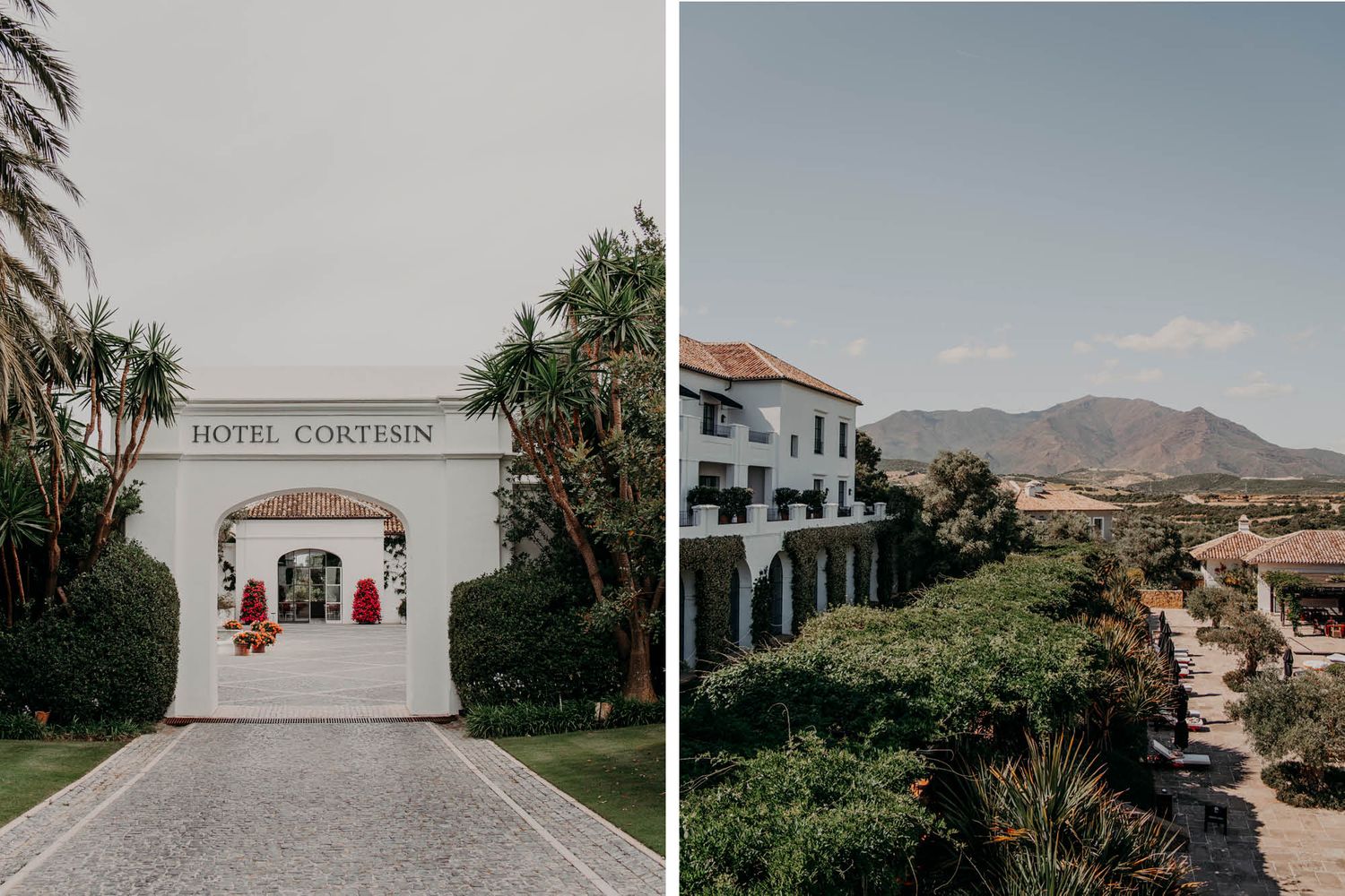 White Spanish colonial hotel entrance with palm trees and views of scenic mountain landscapes and architecture.