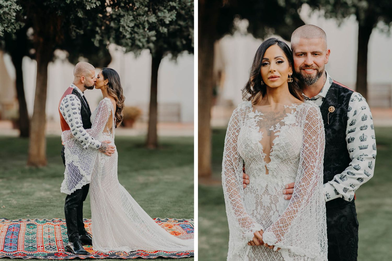Romantic couples portrait session at golden hour with bride in lace gown on decorative rugs in outdoor setting.