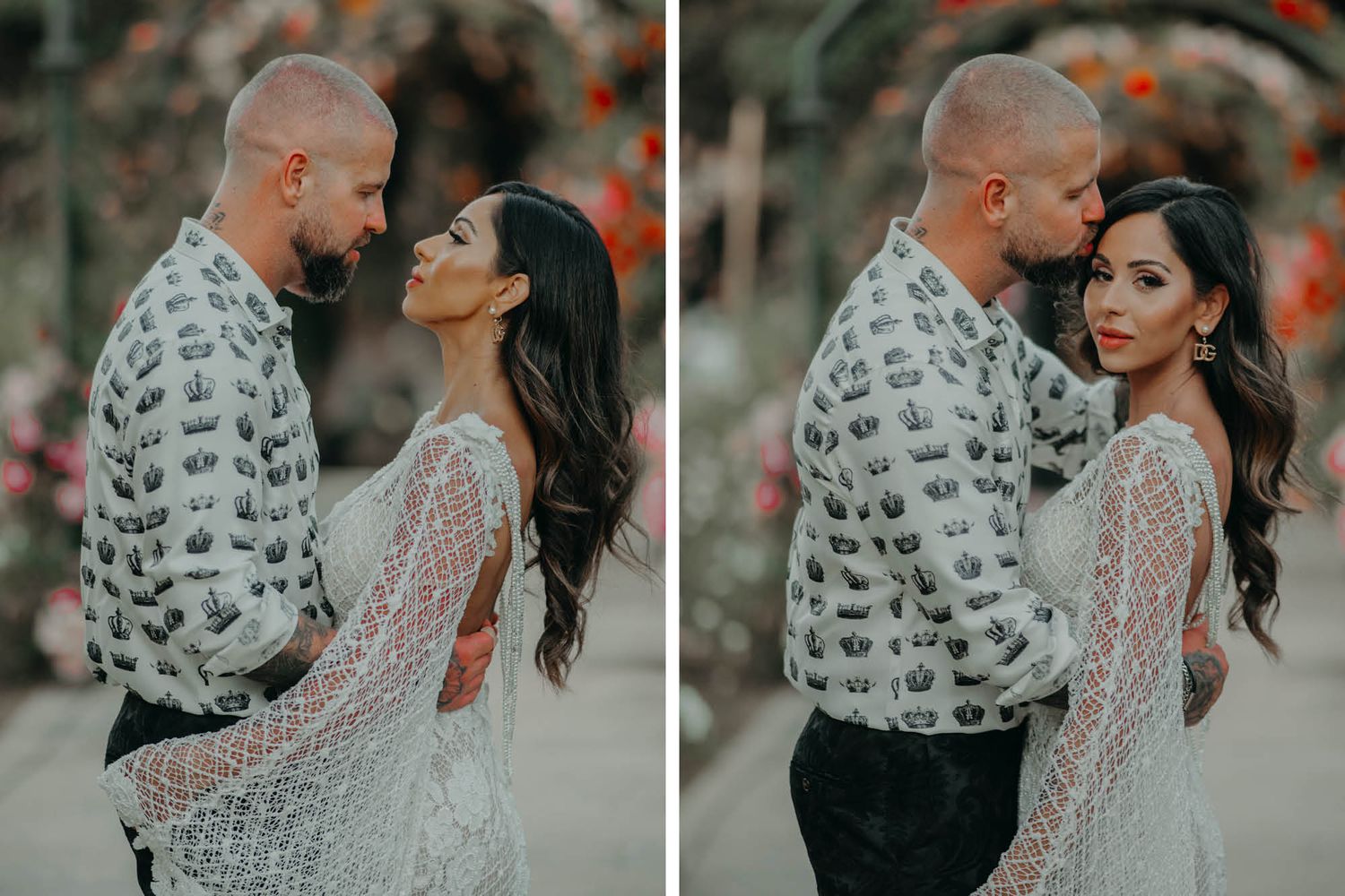 Two romantic engagement photos showing couple in casual attire posing in an outdoor natural setting at sunset.