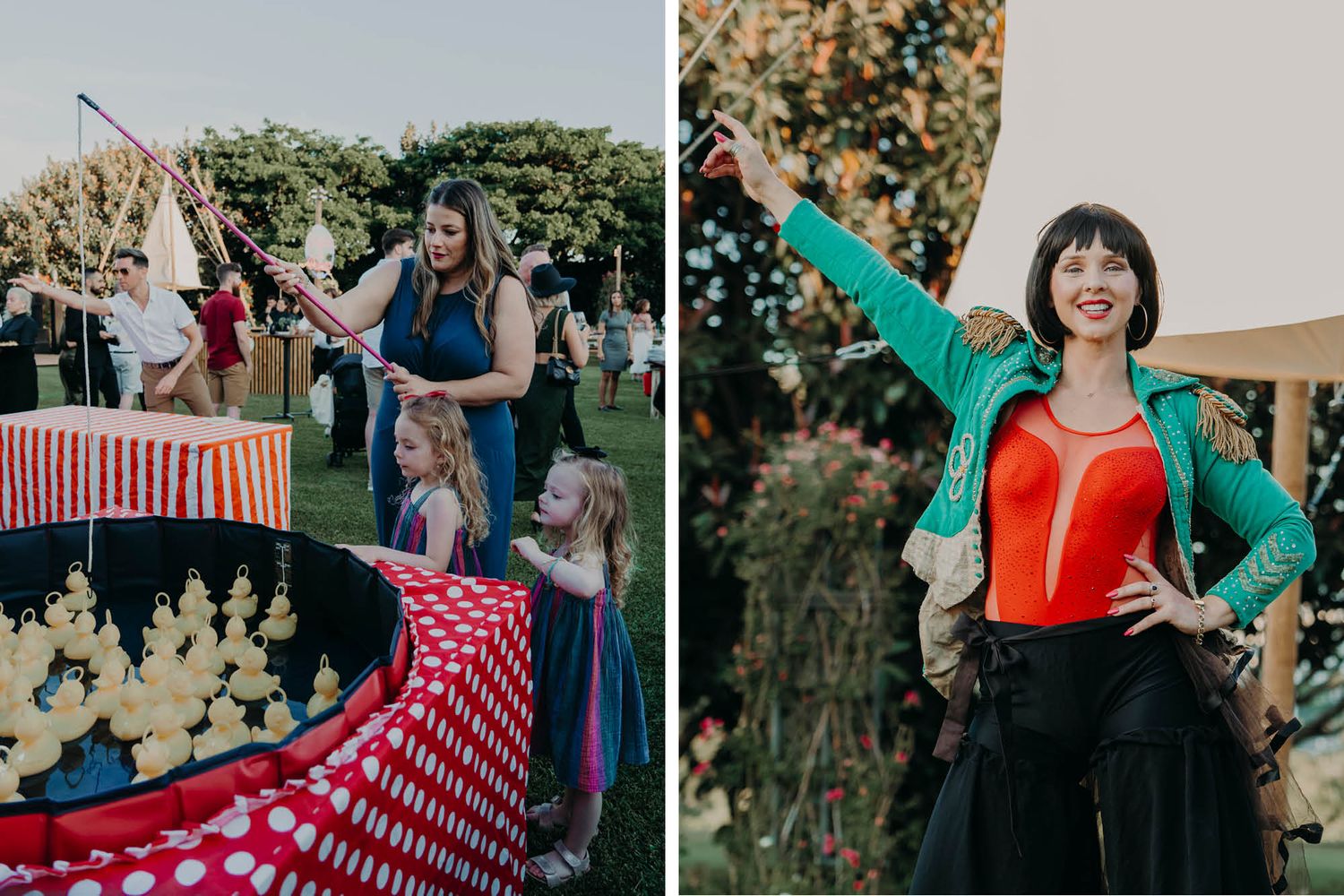 Outdoor party setup with red checkered tablecloths and festive decor featuring a balloon display in teal and green.