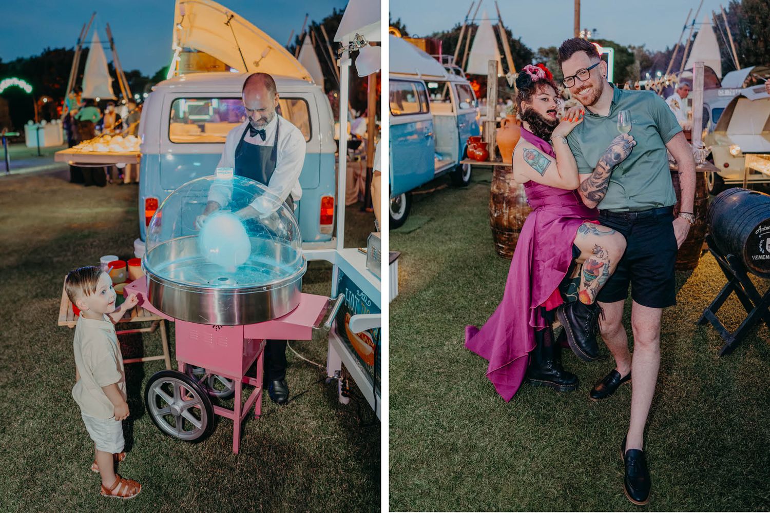 Carnival fair scene with vintage-style cotton candy cart and colorful fairground attractions in evening light.
