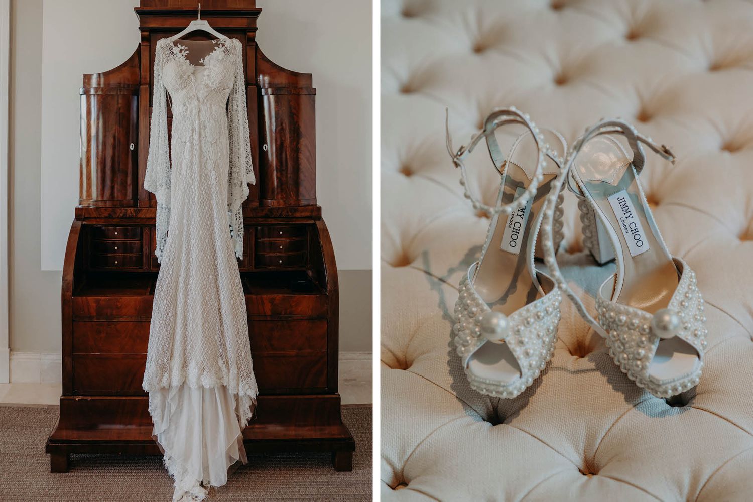 A vintage-style white lace wedding dress hangs near sparkly silver bridal shoes on tufted furniture.