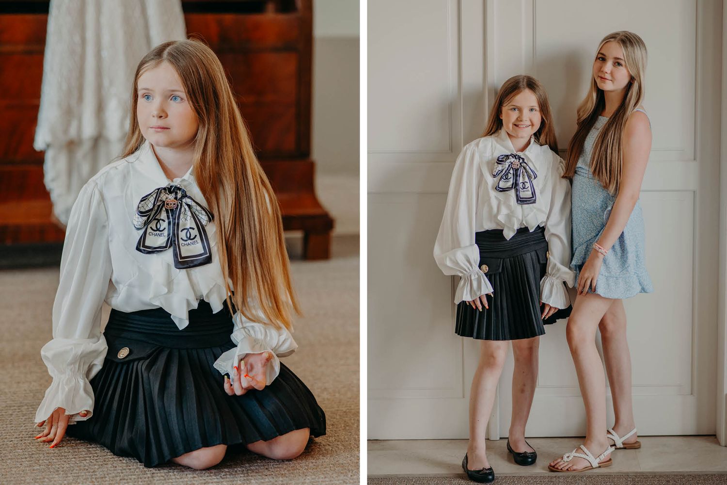 Two elegant outfits featuring a Victorian-style white blouse with bow detail and pleated skirt shown in split view.