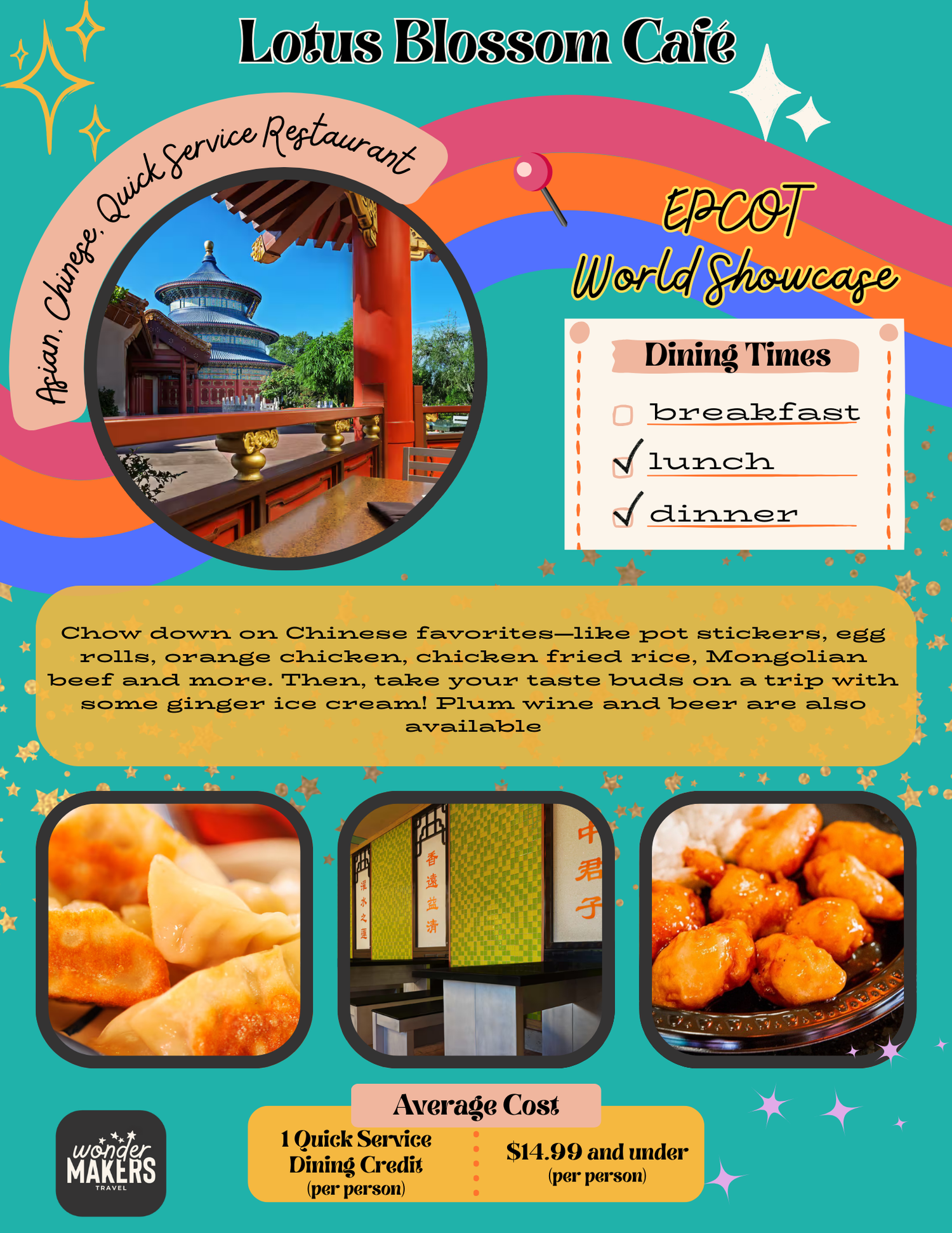 Colorful restaurant menu board displays images of Chinese food and dining information at Lotus Blossom Cafe.