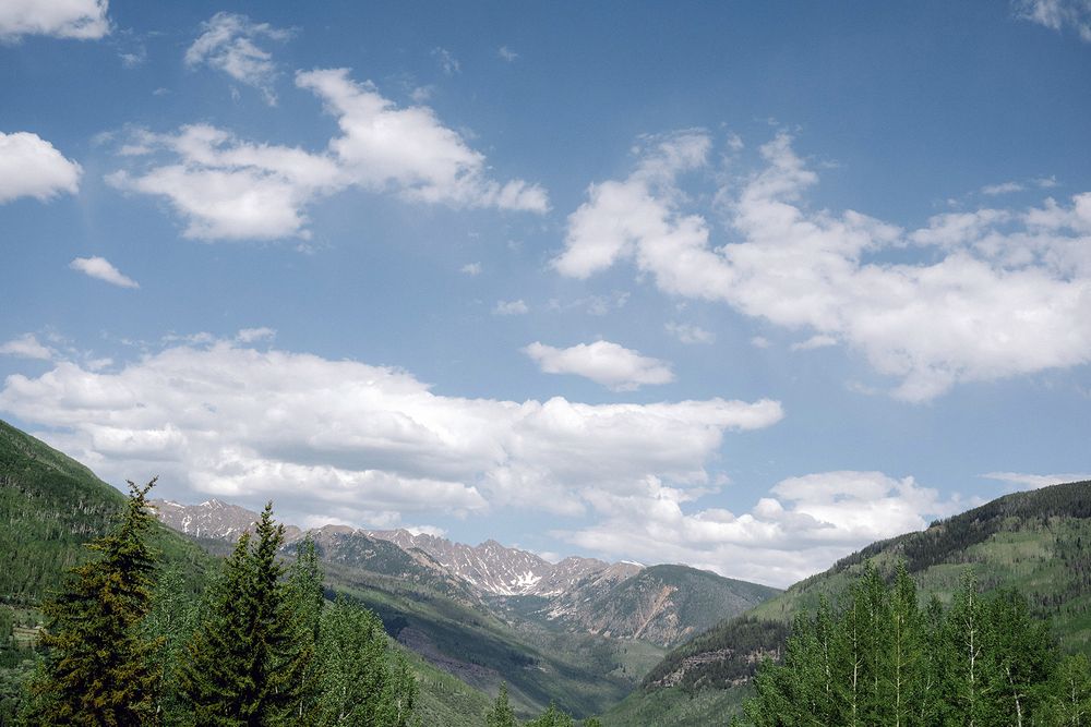 Mountain landscape with evergreen trees and snow-capped peaks under blue sky and white clouds.