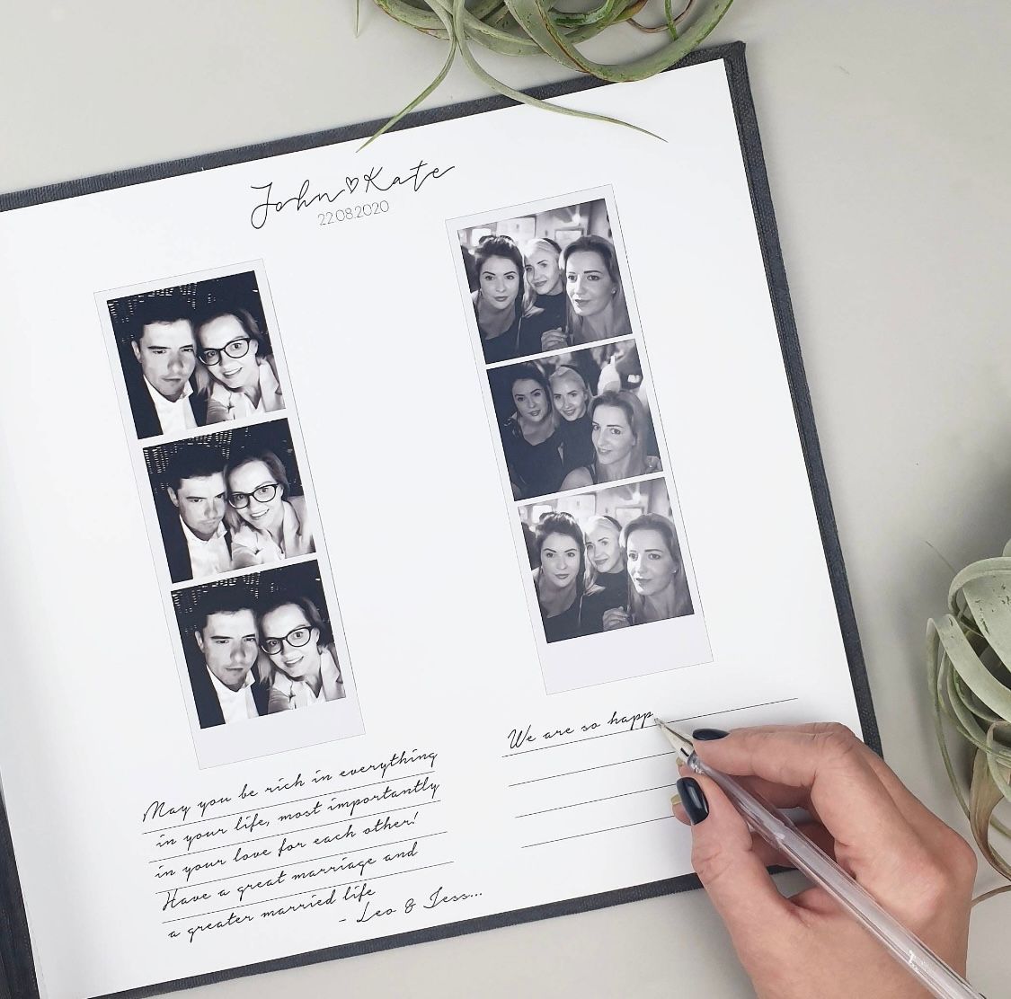 Album page featuring photo booth pictures with a heartfelt handwritten message, adding a personal touch to the treasured memories.