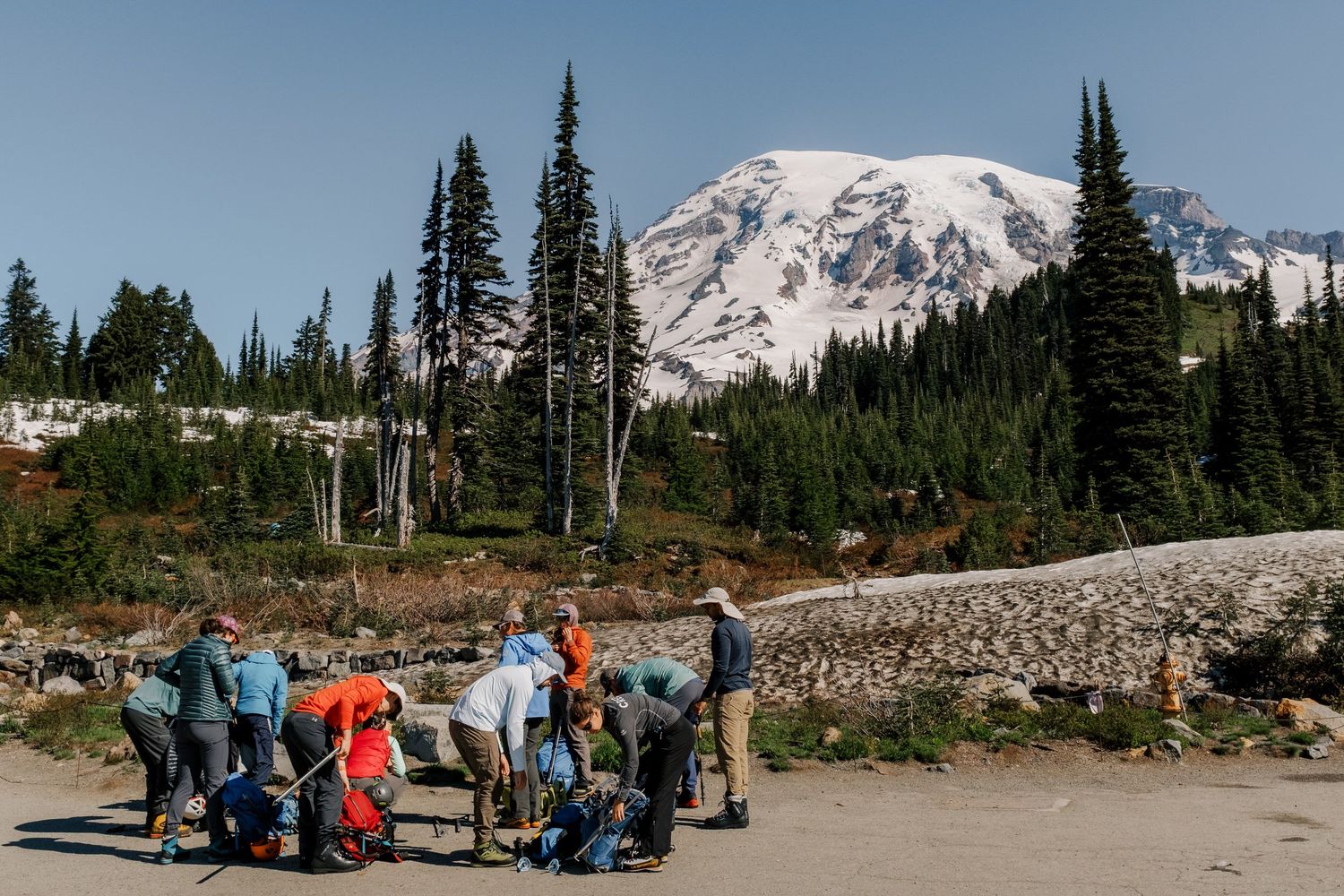 A group of hikers gather at a viewpoint overlooking Mount Rainier's snow-capped peak among evergreen trees.