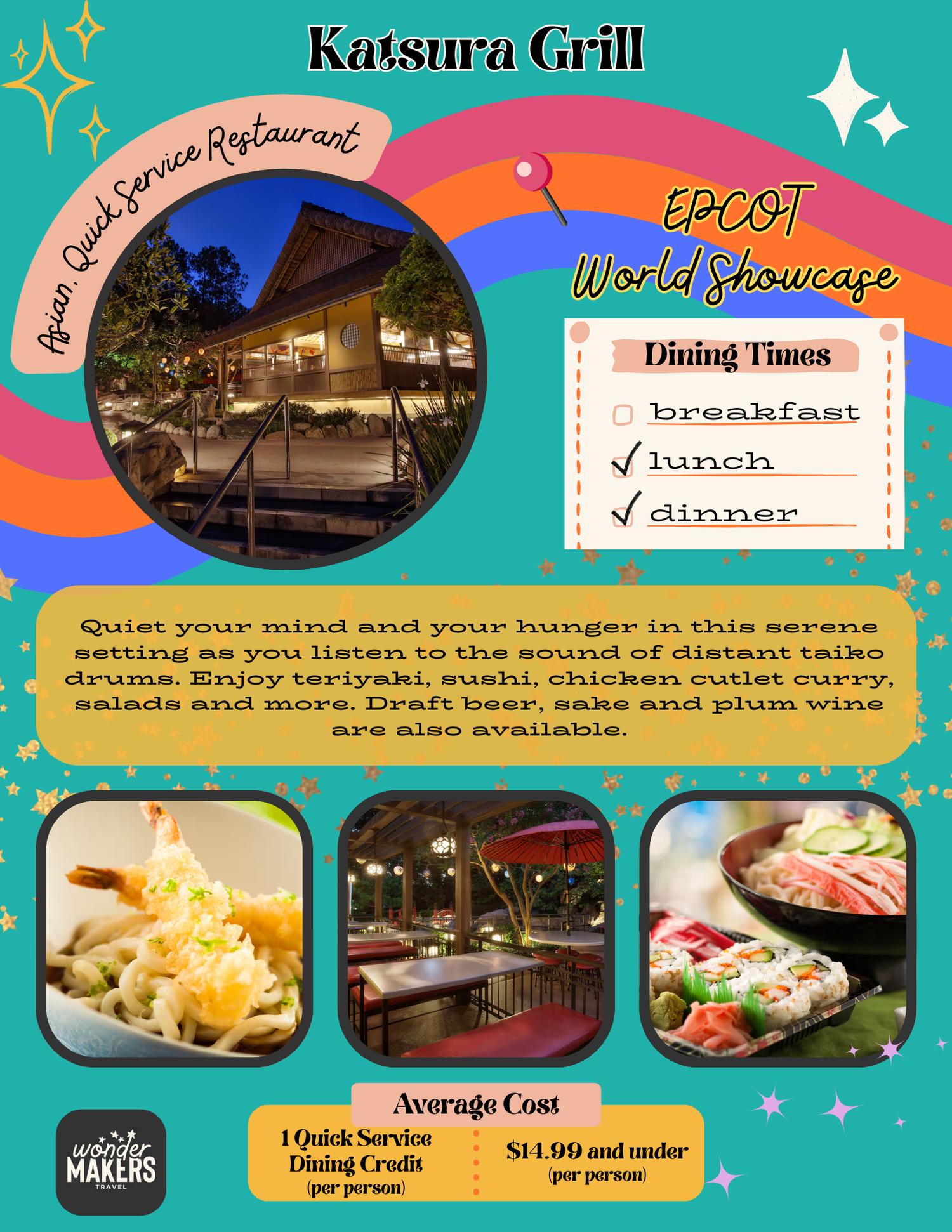 Japanese restaurant Katsura Grill menu board displays dining options and venue photos with sparkling design elements.