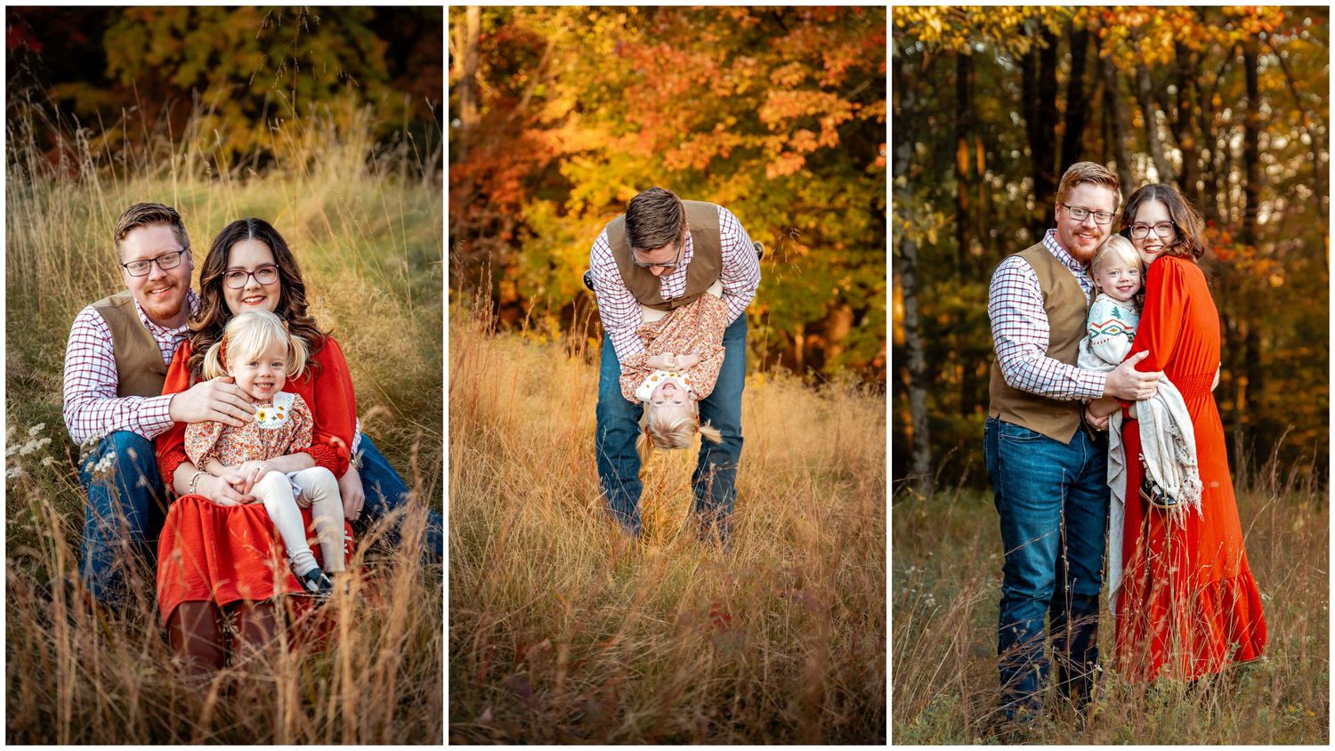 A triptych of outdoor portraits showcasing embrace and warmth amid golden autumn foliage.