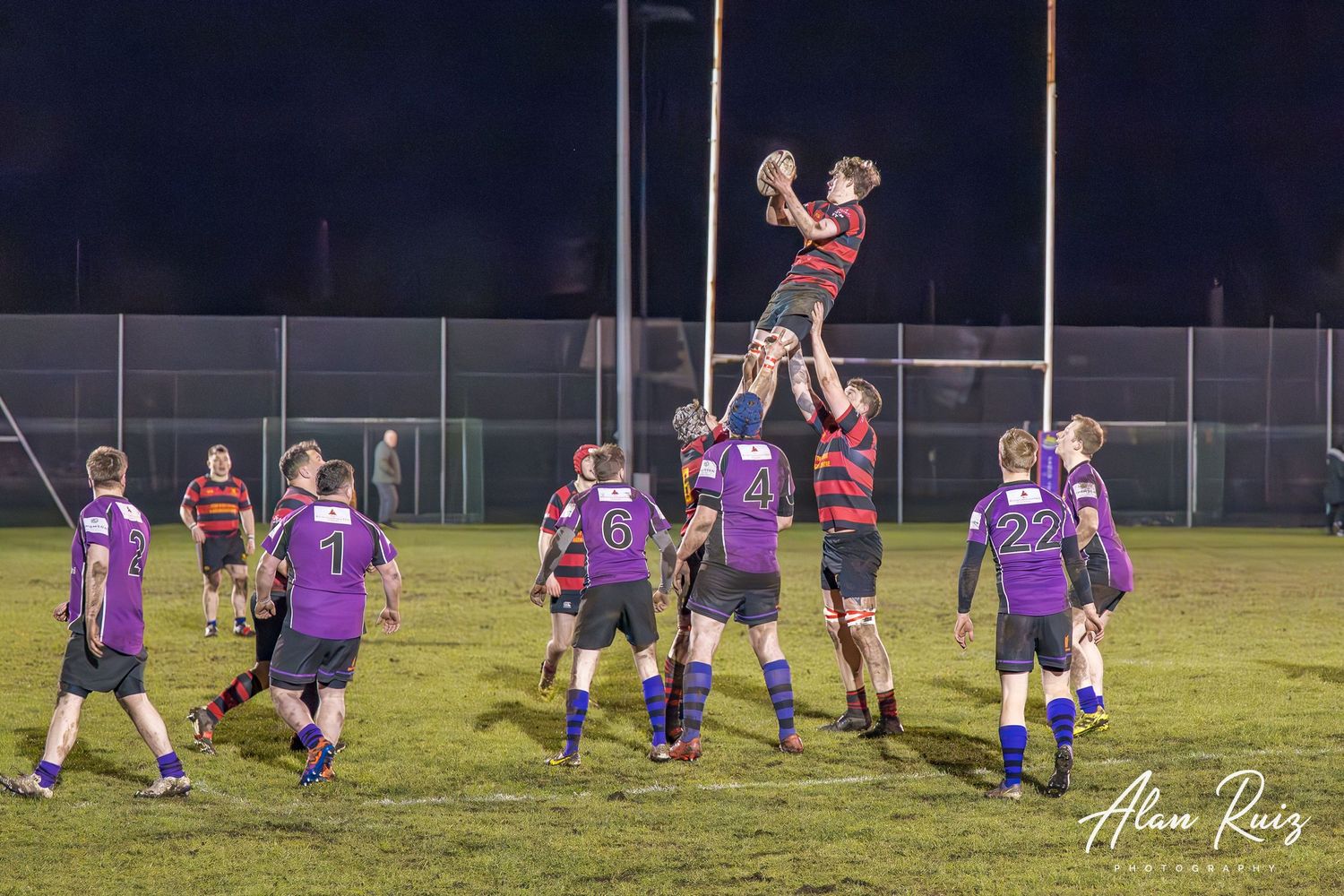 Rugby players in purple jerseys form a defensive line during a nighttime match under floodlights.