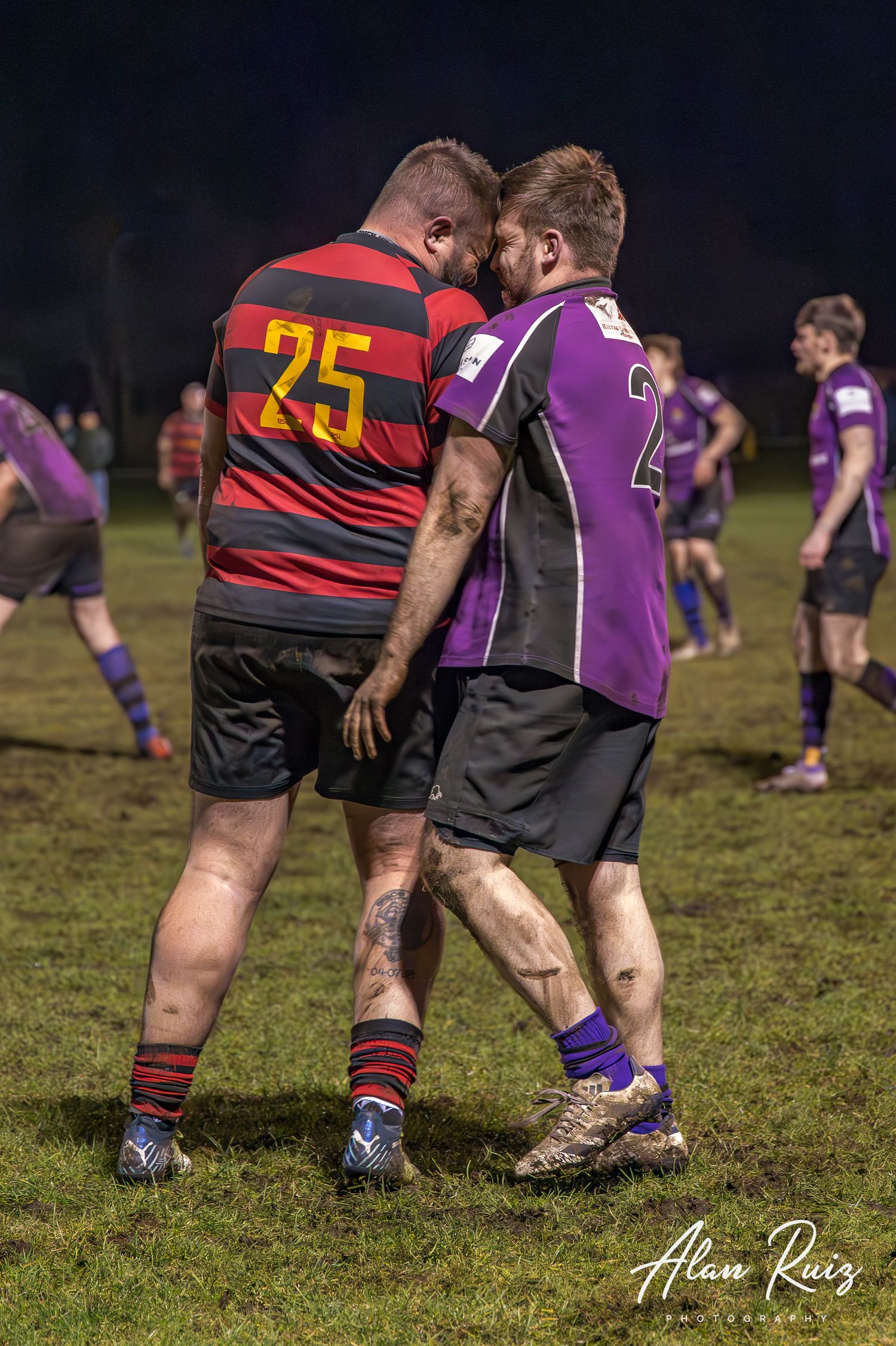Rugby players from opposing teams in red-black striped and purple jerseys engage in a ground-level scrum during a night match.