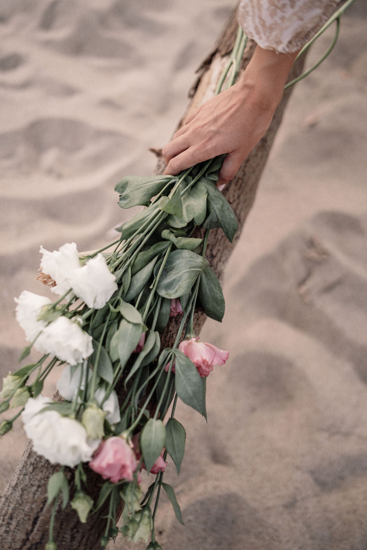Close-up of hand holding romantic bouquet of roses and greenery against sandy beach.