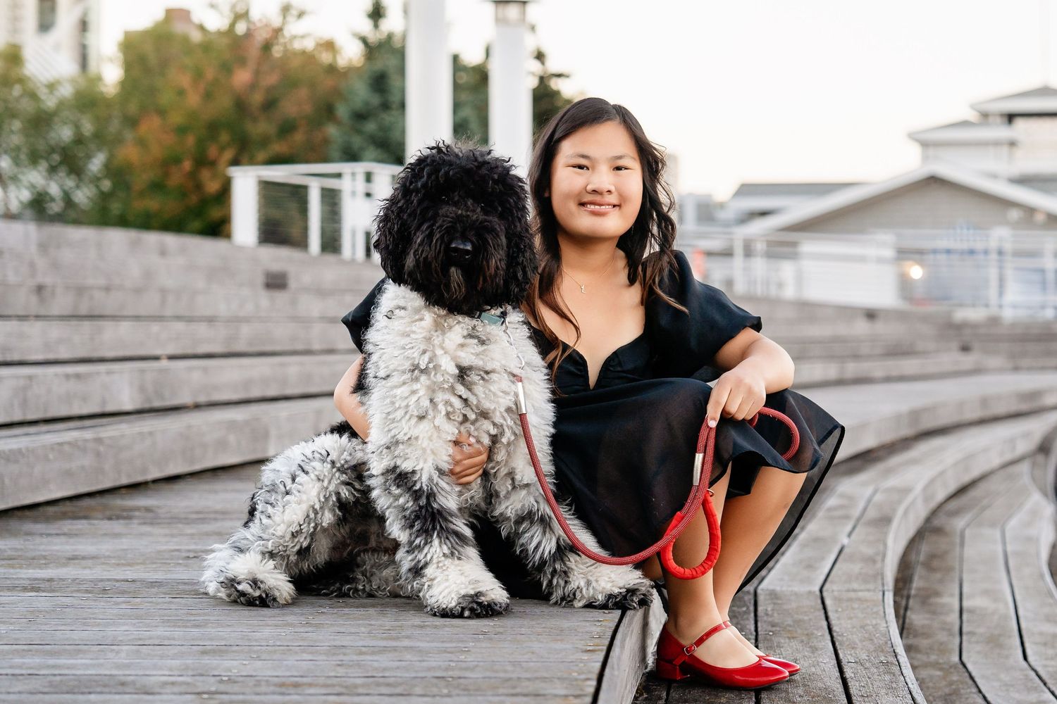 Senior photo of a girl and her dog sitting on steps taken by Milwaukee senior photographer Rachel Dickman.