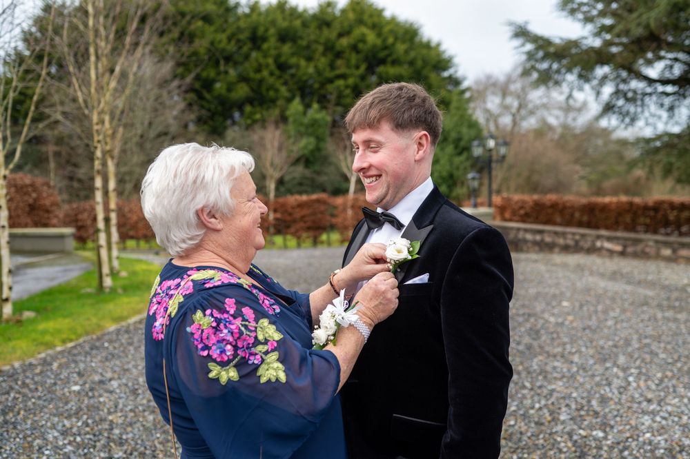 Groom and his mother posing at Newbay House, County Wexford.
