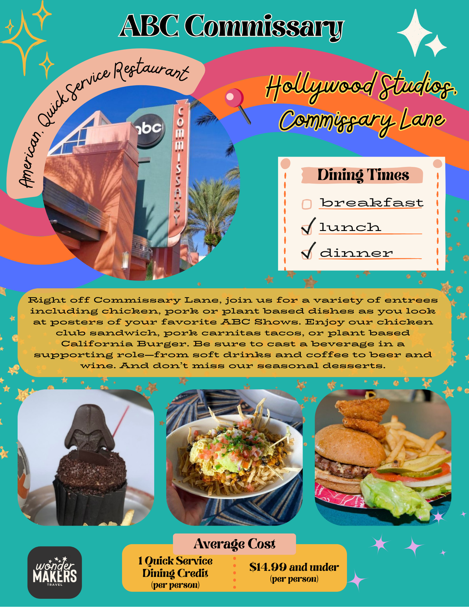 Retro-styled restaurant menu design featuring ABC Commissary dining information and food photos.