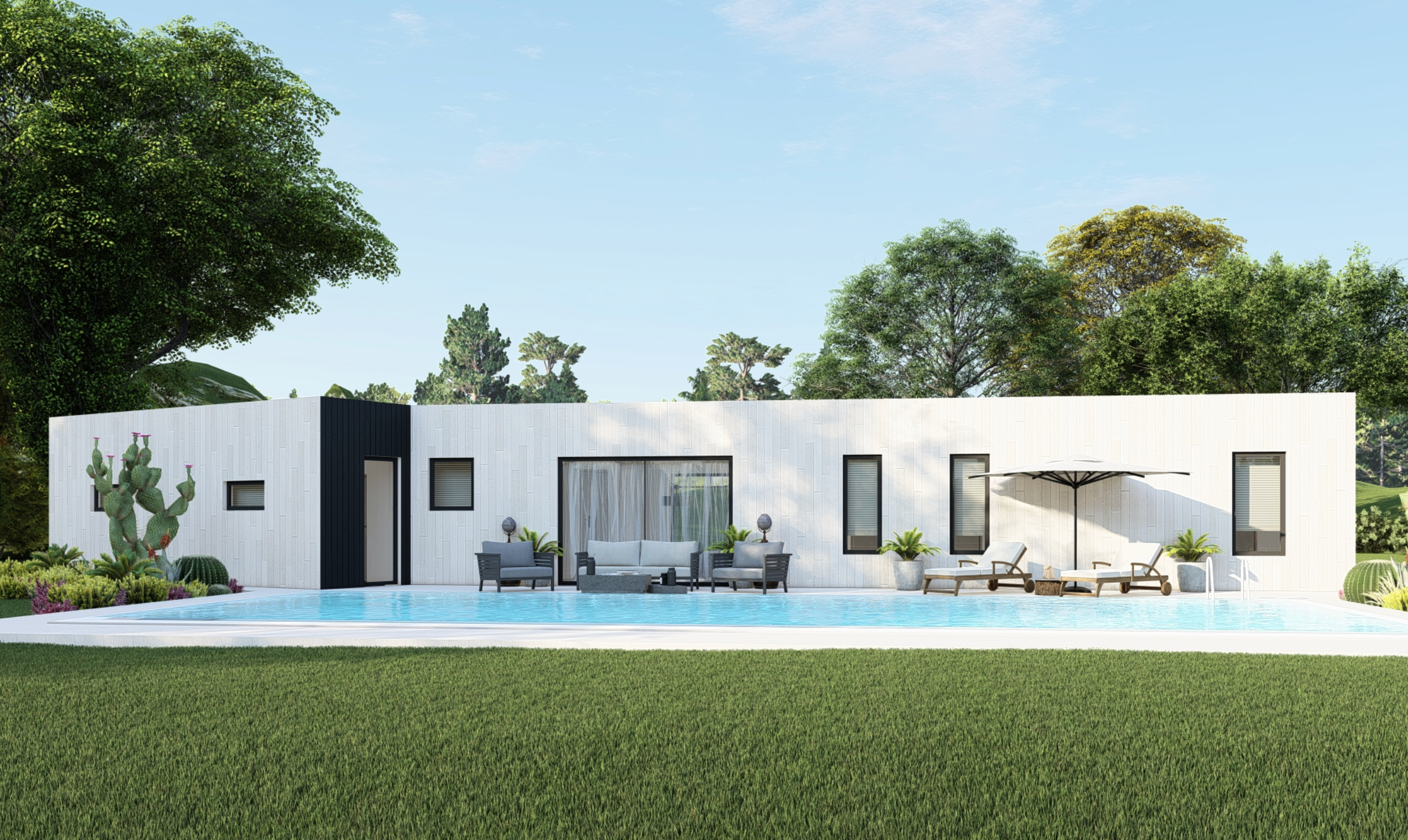 Sleek modern white villa with floor-to-ceiling windows and infinity pool.