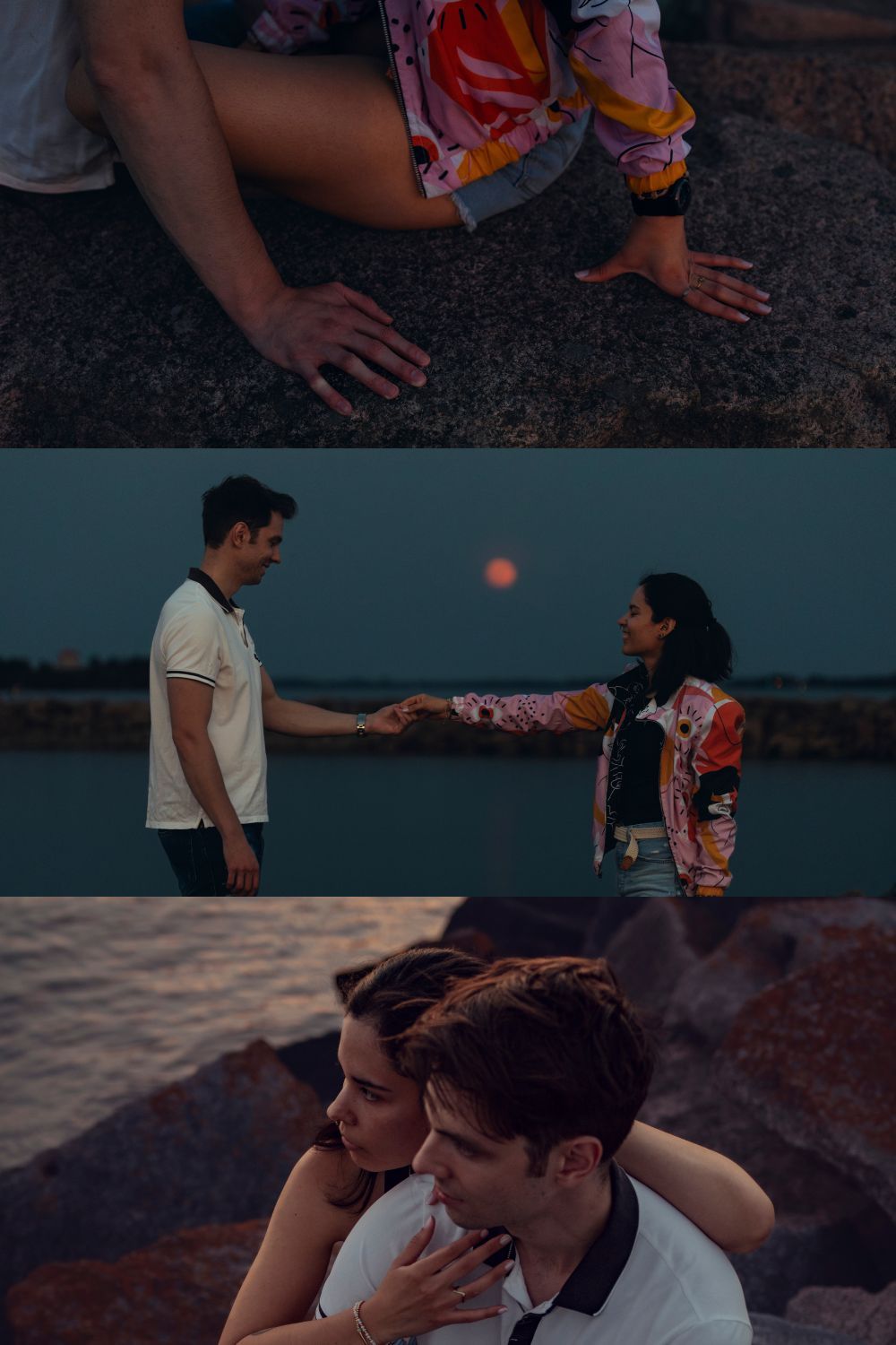 Couple cuddled together on waterfront rocks with full moon rising over Kingston, Ontario during cinematic narrative portrait session.