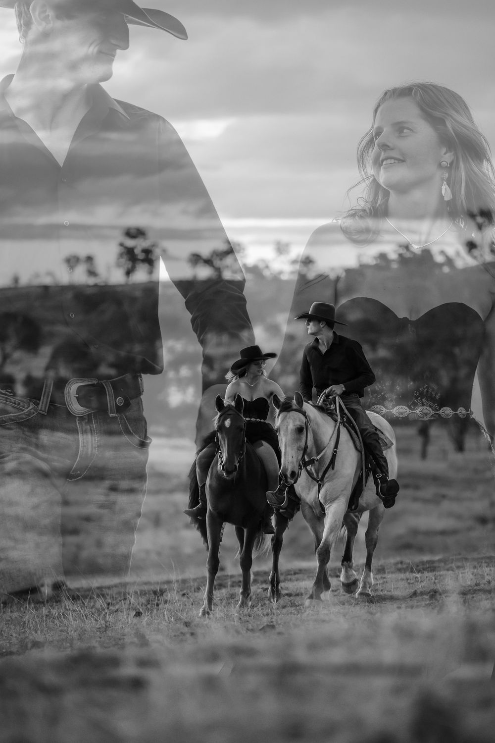 Black and white panoramic sequence showing a rider leading horses through a misty rural landscape at dawn.