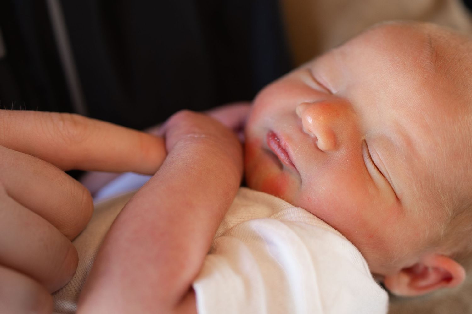 Springfield, IL Newborn Photographer captures a close up of a newborn while dad holds his hand during a lifestyle newborn session