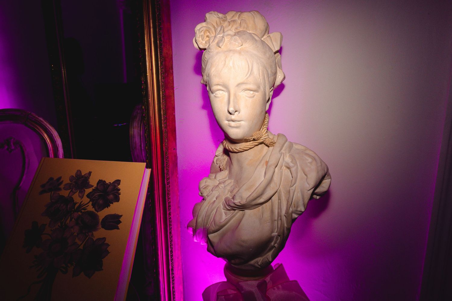 Classical marble bust of a woman illuminated by pink purple lighting at a party.