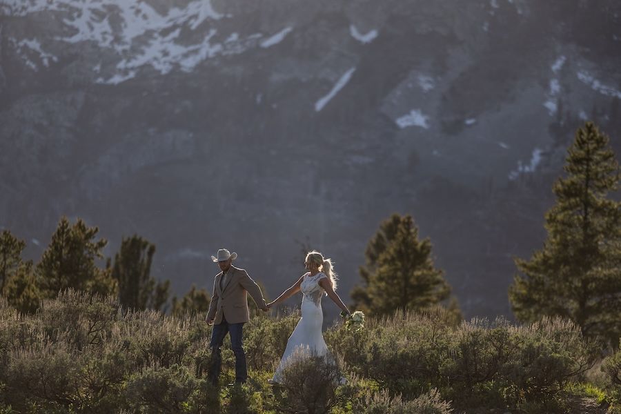 Bride and groom hold hands walking through mountain meadow with snow-capped peaks and pine trees in background.