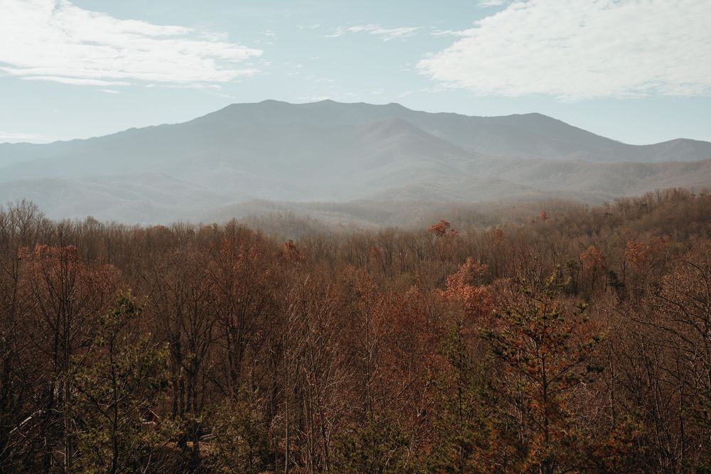 Smoky Mountains autumn landscape with hazy blue peaks and colorful fall foliage forest below.