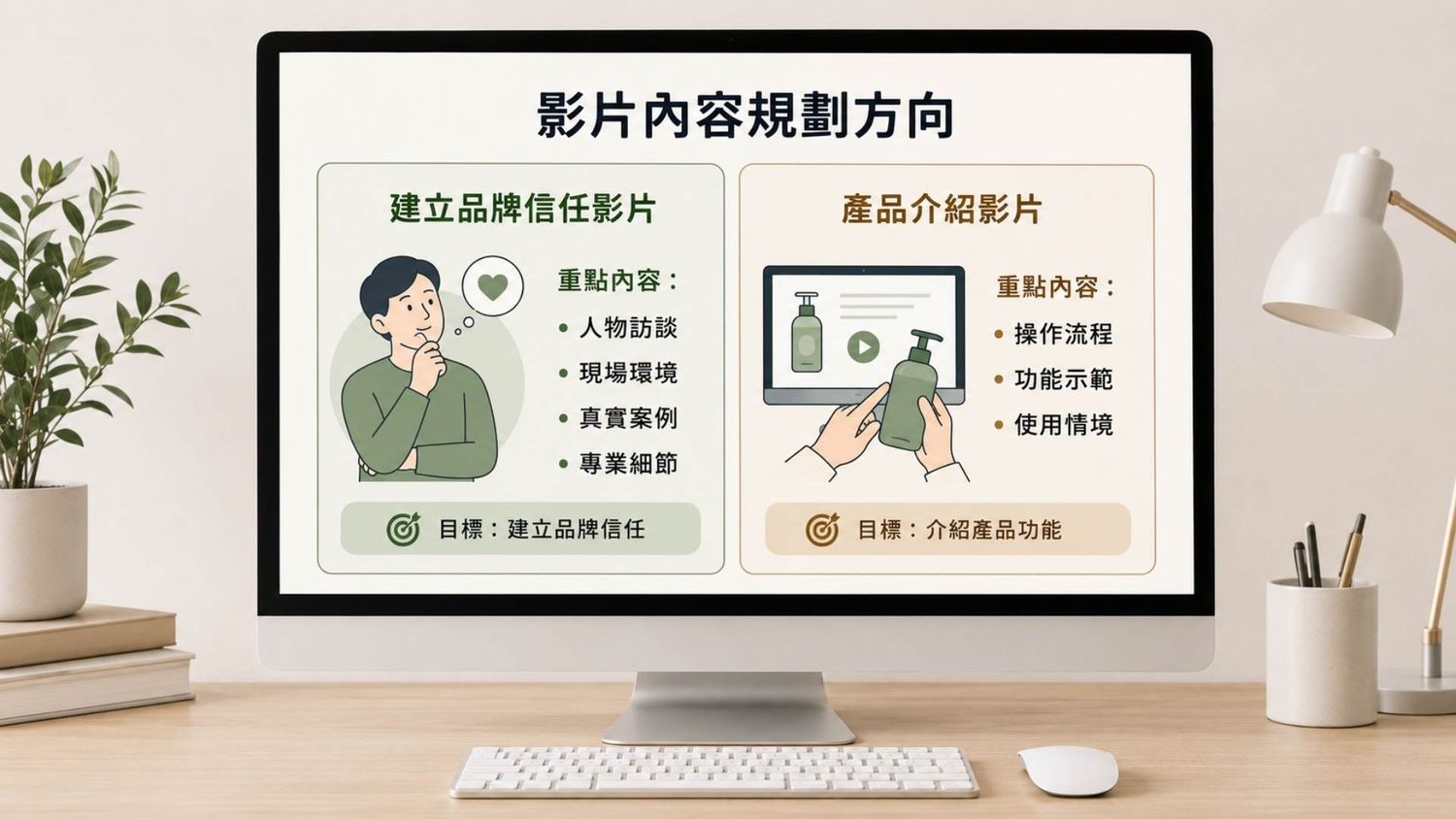Infographic showing video content planning strategies for brand trust, product features, and brand recall in Chinese.