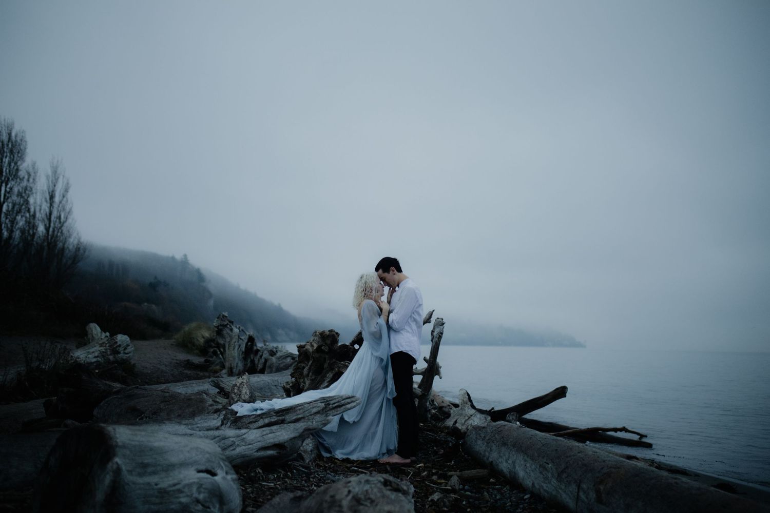 A couple in wedding attire poses on driftwood along a moody coastline.