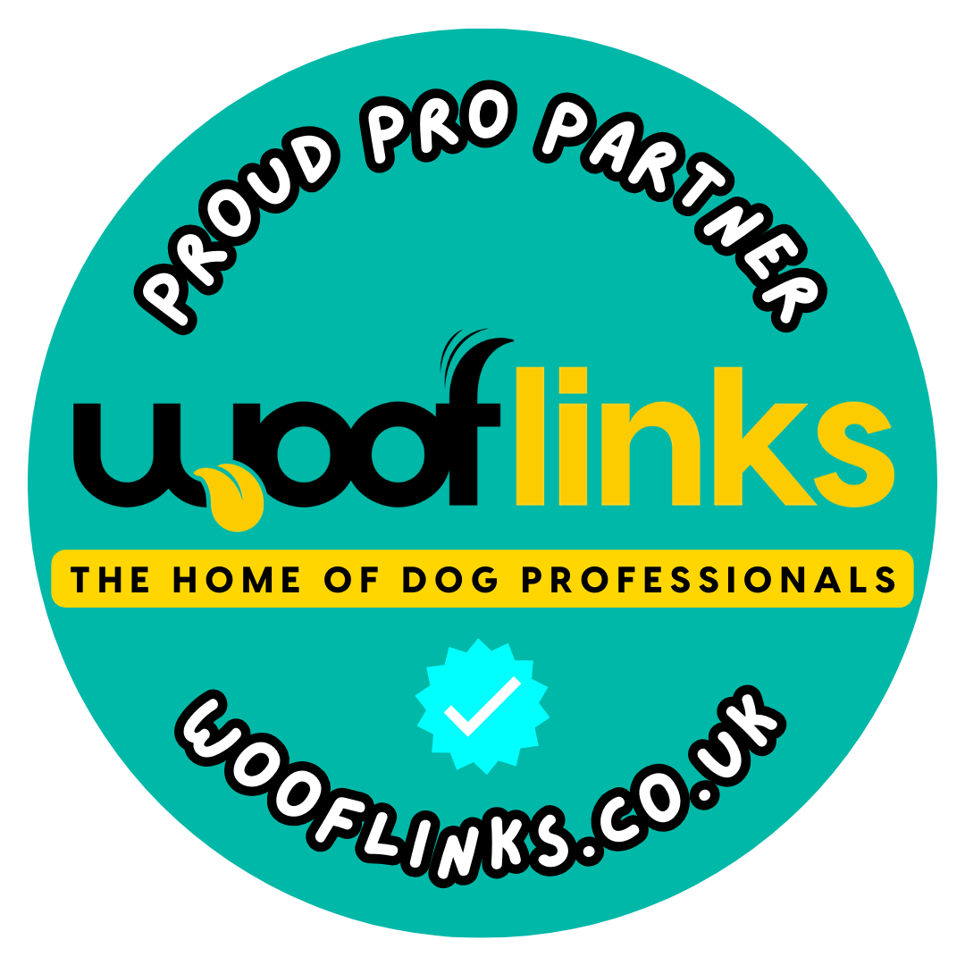 Circular turquoise logo design for a dog professional website with yellow text accents.