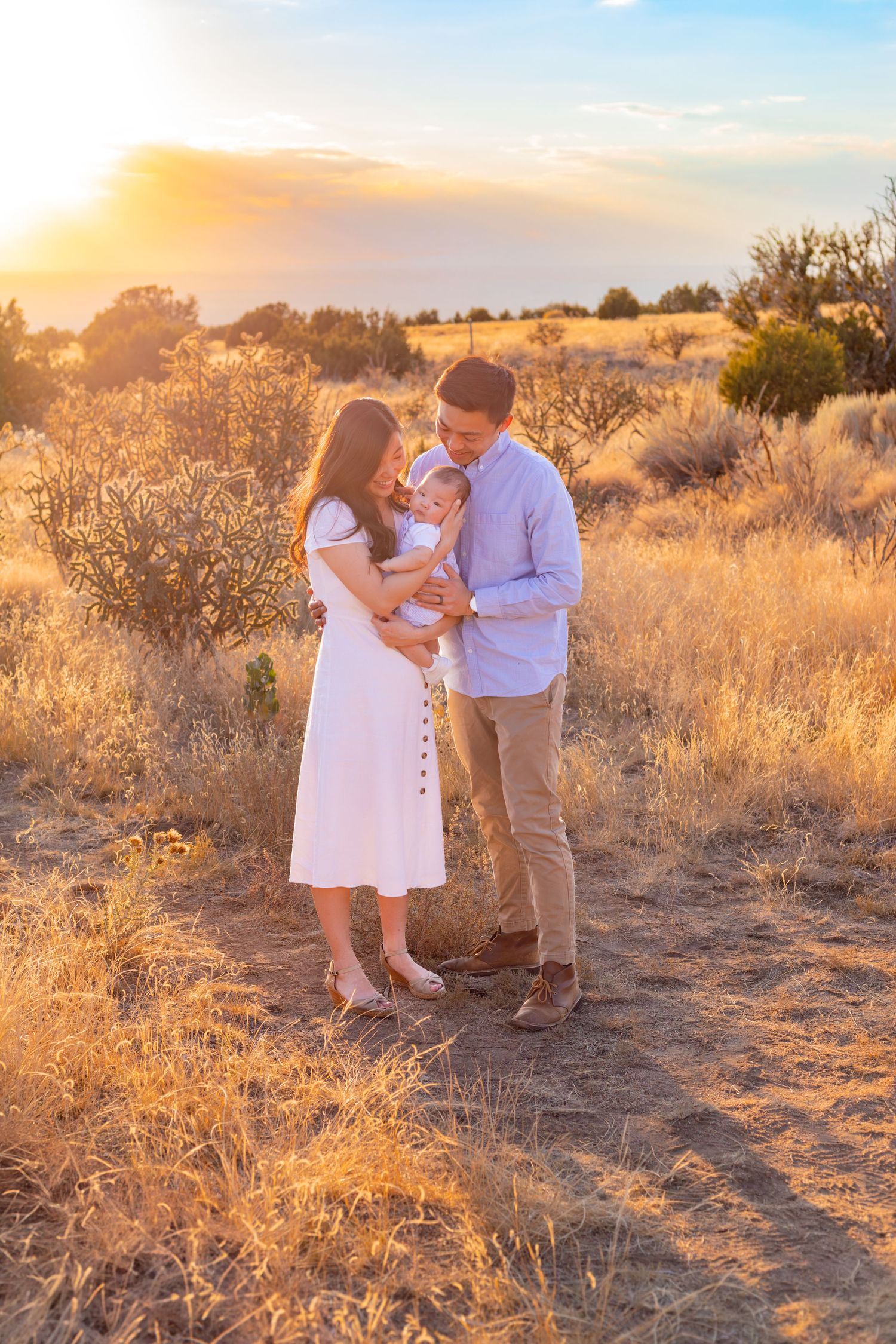 A couple holds their baby while standing in a scenic golden field during sunset.