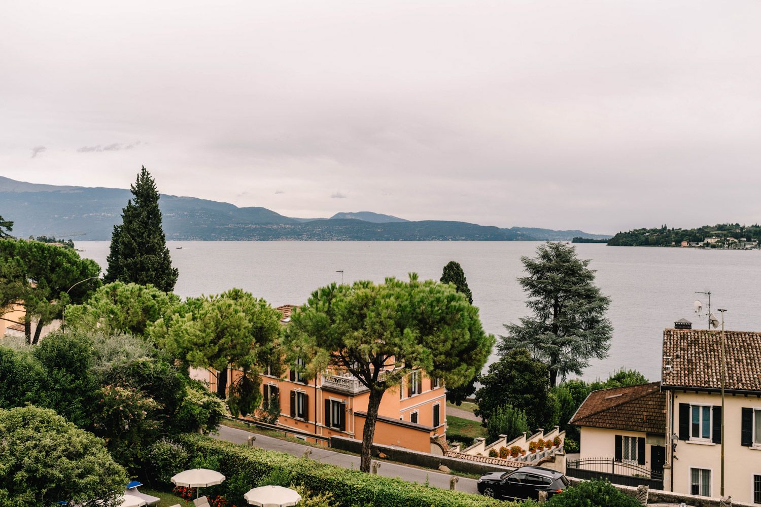 Panoramic view from an historic hotel in Lake Garda