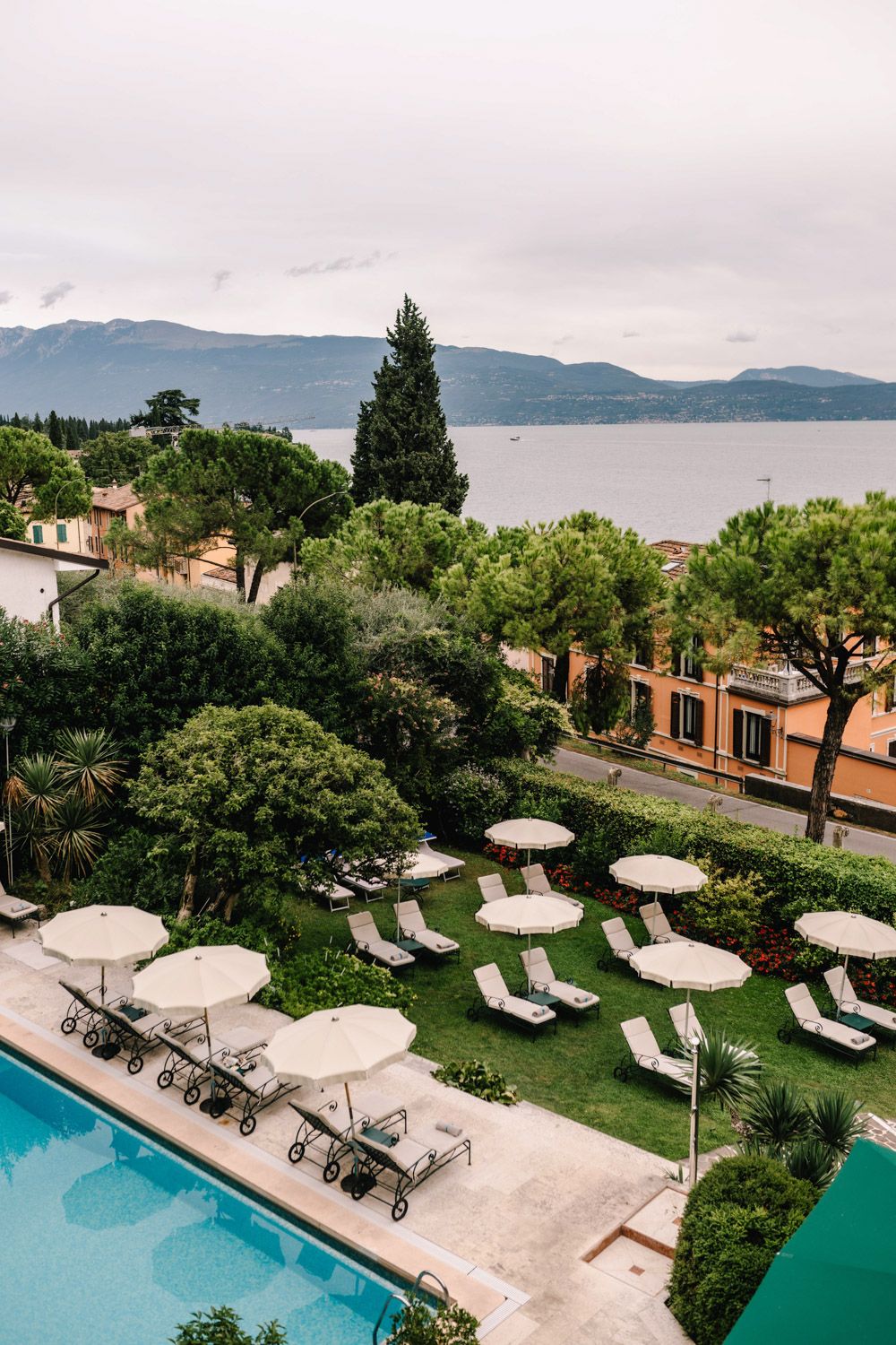 Panoramic view from an historic hotel in Lake Garda