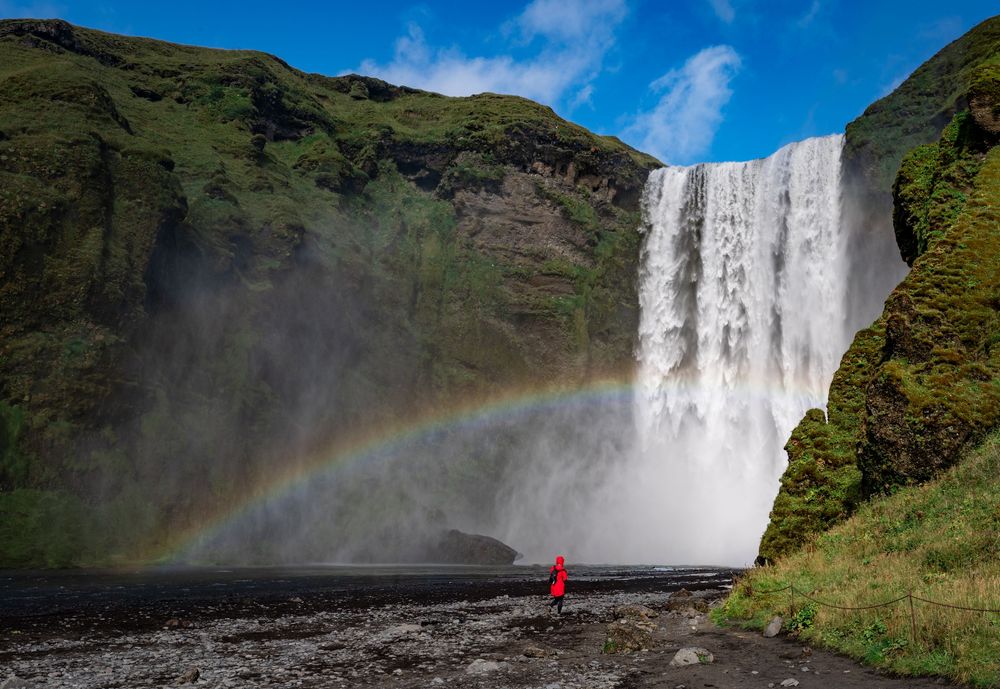 Majestic Skogafoss waterfall in Iceland cascades down green cliffs with a vibrant rainbow in the mist.
