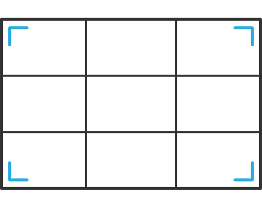 A rule of thirds grid overlay with blue corner markers on a white background, used for photography composition guidance.