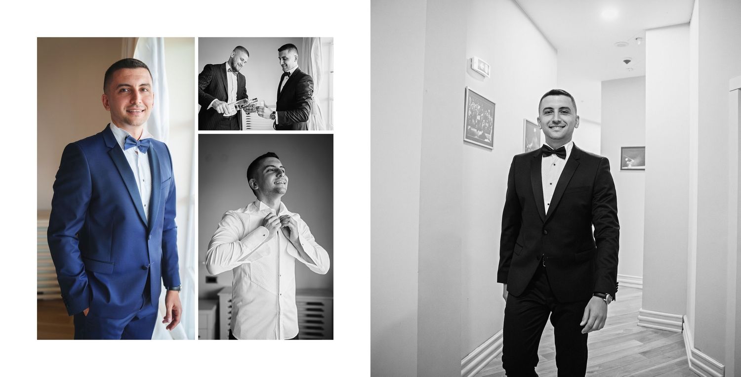 Groom in blue tuxedo with bow tie, wedding day preparation photos collage with black and white portrait.