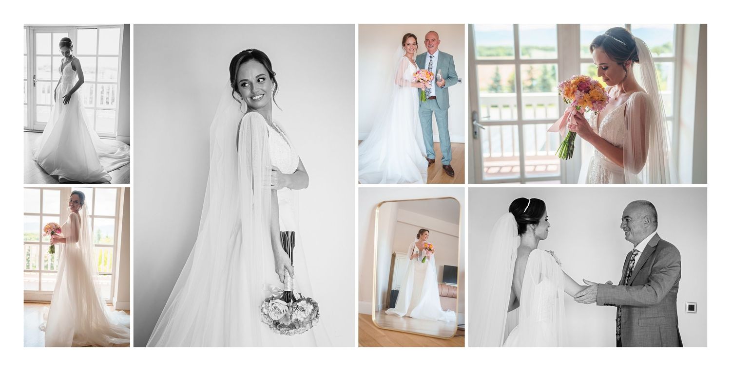 Elegant wedding photo collage featuring bride in white gown, black and white portraits, bouquet, and father-daughter moment.