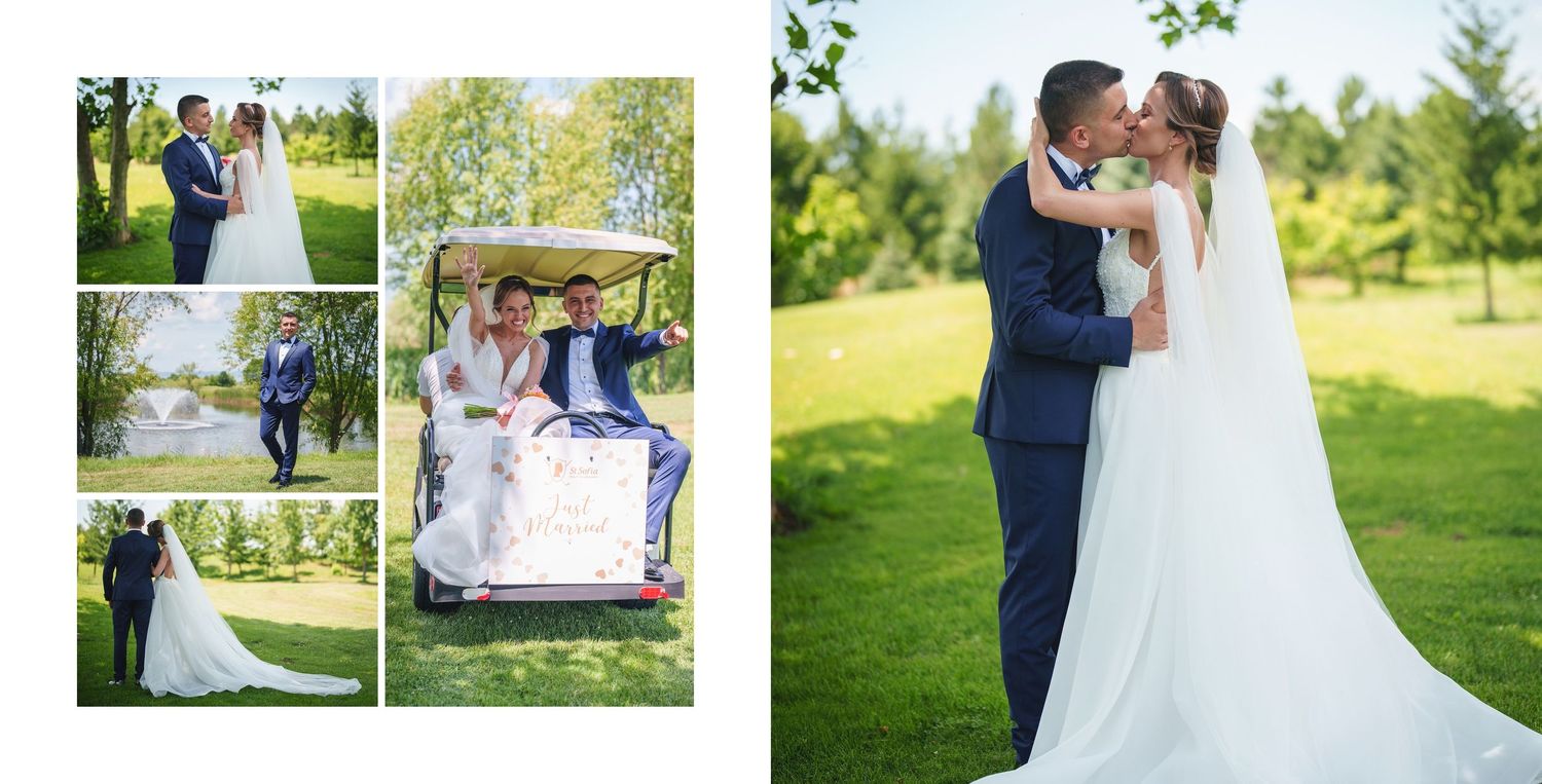 Wedding couple kissing outdoors, bride in white gown and groom in blue suit, garden photo collage.