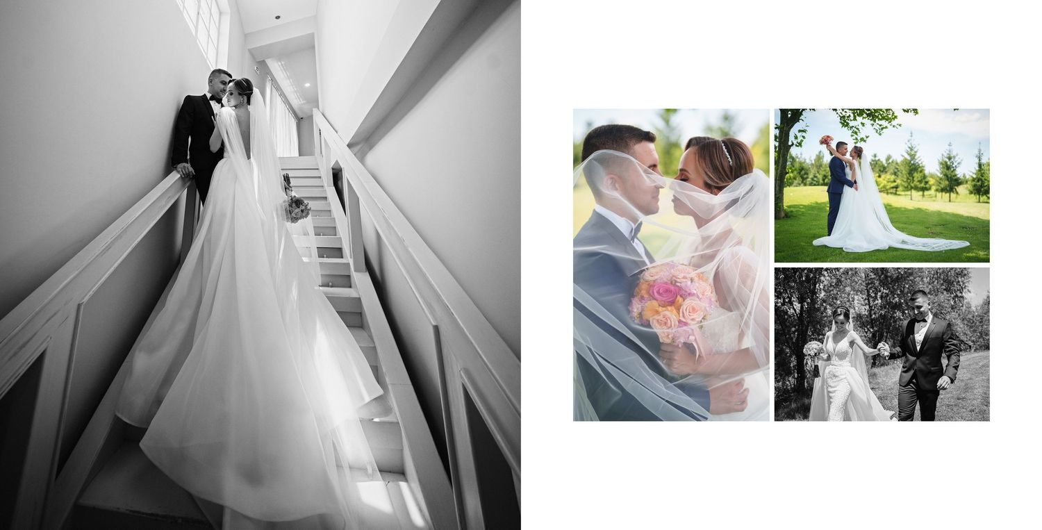 Elegant wedding couple posing on modern staircase in black and white, with colorful reception photos of bride and groom kissing.