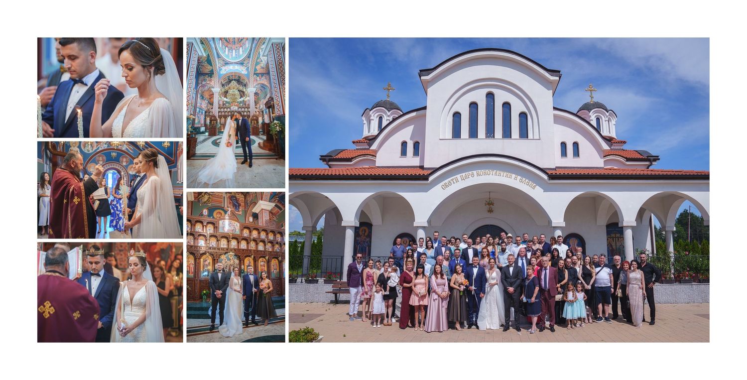 Orthodox wedding ceremony collage featuring church interior rituals and large group photo outside white Byzantine-style church.