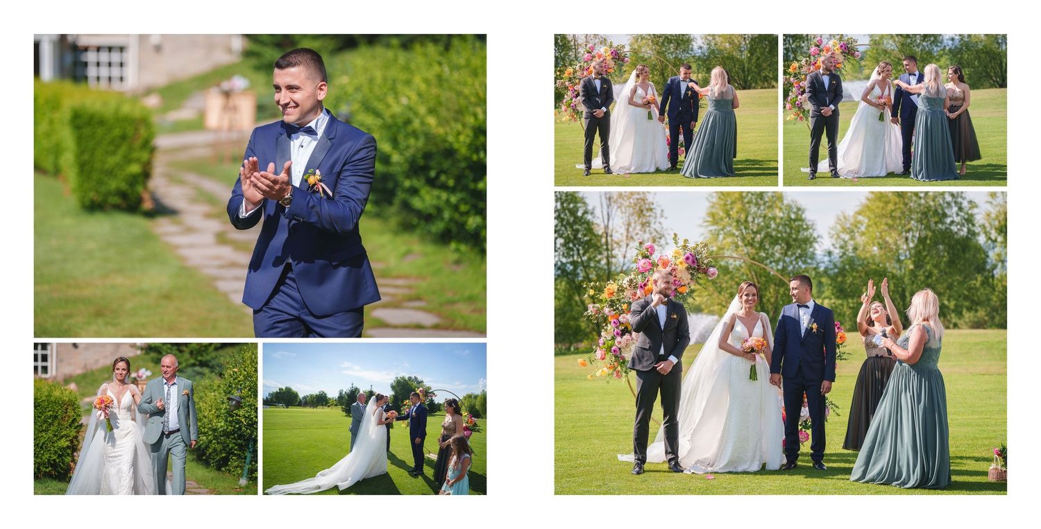 Wedding party poses on lush green grounds, featuring bride in white gown, groom in blue suit, and bridesmaids in sage dresses.