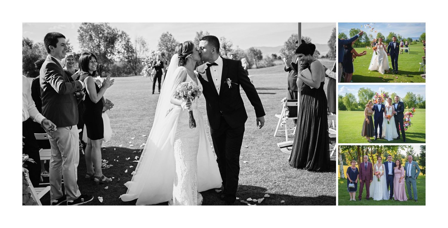Black and white wedding photo of couple kissing at altar with guests celebrating, plus color photos of bridal party on green lawn.