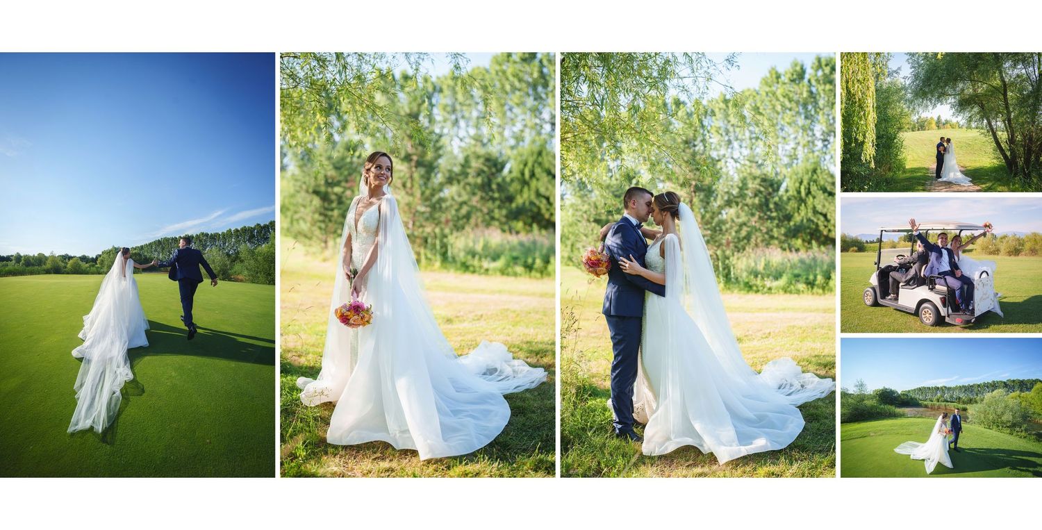 Bride in flowing white gown with long veil poses with groom on sunny golf course surrounded by green landscape.