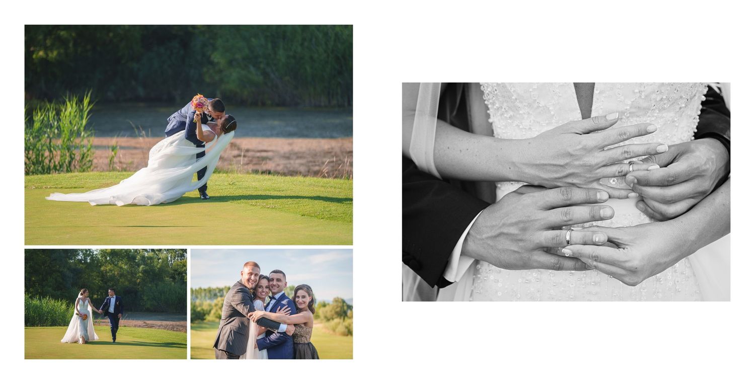 Wedding photo collage showing couple dancing, posing outdoors on golf course, and close-up of bride and groom exchanging rings.