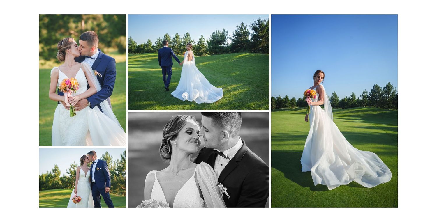 Wedding photo collage of bride and groom posing on a golf course, featuring elegant white gown with long train.