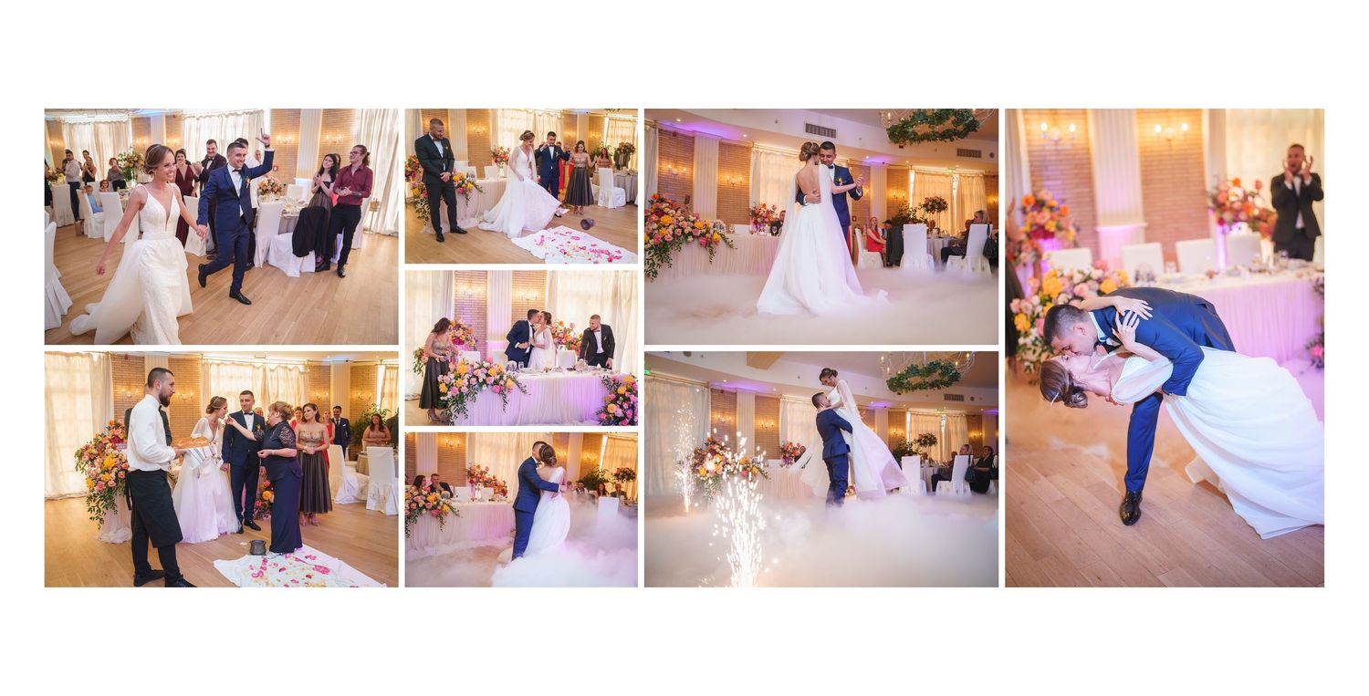 Bride and groom share their first dance surrounded by guests at an elegant wedding reception with soft purple lighting.