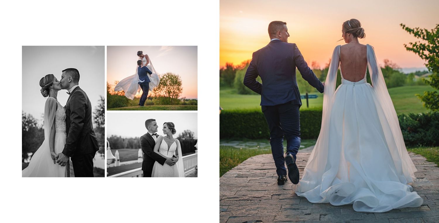 Bride and groom walking at sunset on stone path, with backless wedding gown and romantic golden hour light.