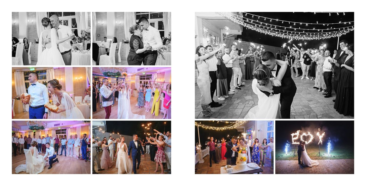 Wedding reception collage featuring couples first dance, guests celebrating, and sparkler send-off under string lights.