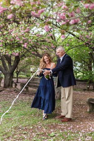 A springtime scene under blooming cherry trees with pink blossoms creating a romantic atmosphere.