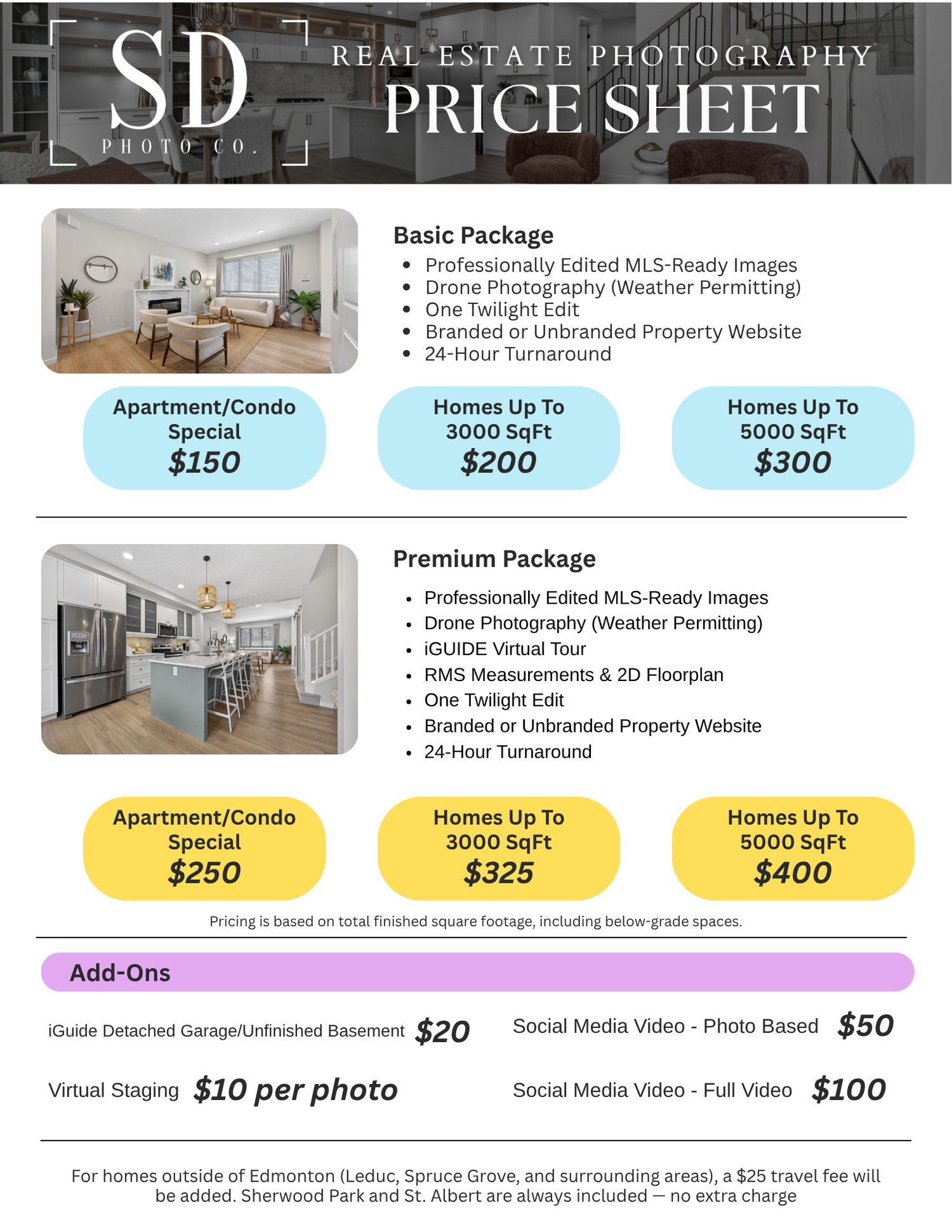 Real estate photography pricing sheet showing packages and rates for professional property photos and services.